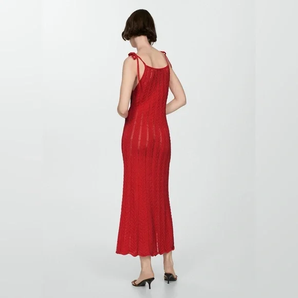 Mango knitted coral red dress with knots and lace design NWT - Picture 4 of 6